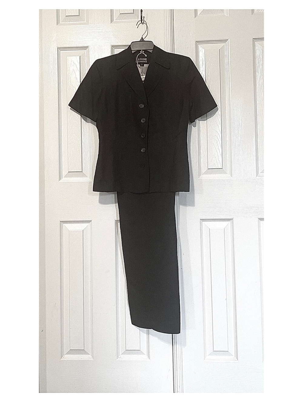 Larry Levine Classics Dark Navy Blue Linen Pantsuit Short Sleeve Jacket Pants 2